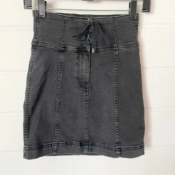 Free People Dresses & Skirts - Free People Modern Femme Corset
Lace Up Black Denim Mini Skirt Size 0 Waist 23”